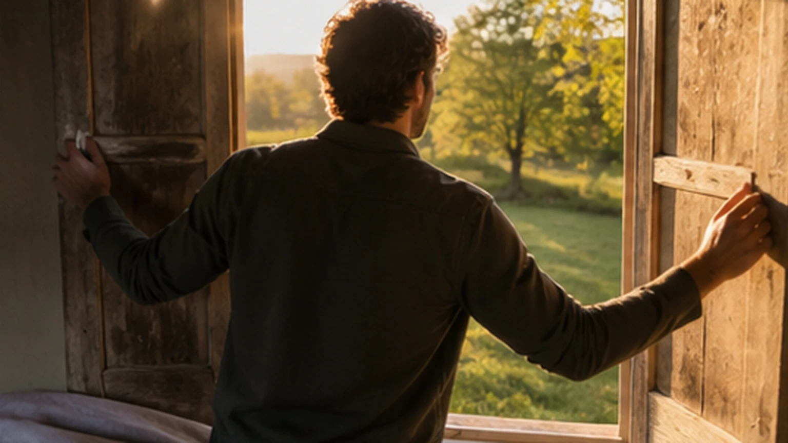Traveler opening plain wooden shutters toward a countryside garden