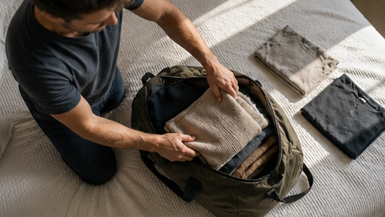 Adult folding neutral clothes into a plain canvas travel bag