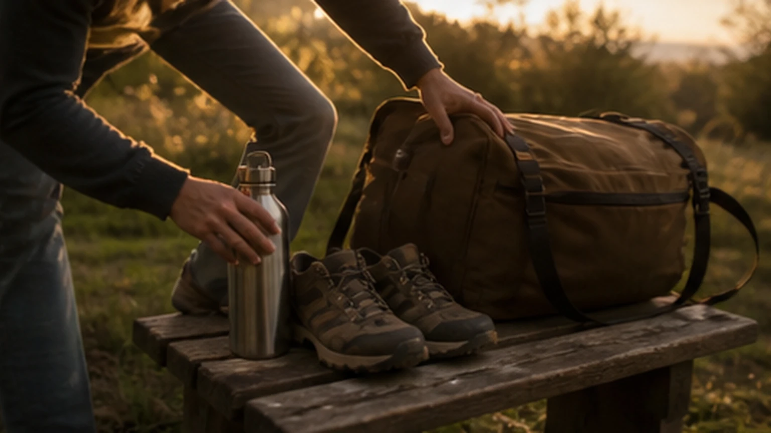 Person placing reusable water bottle and walking shoes beside an unmarked bag