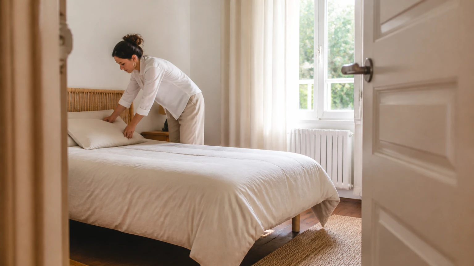 Host arranging plain linen on a bright guest bed