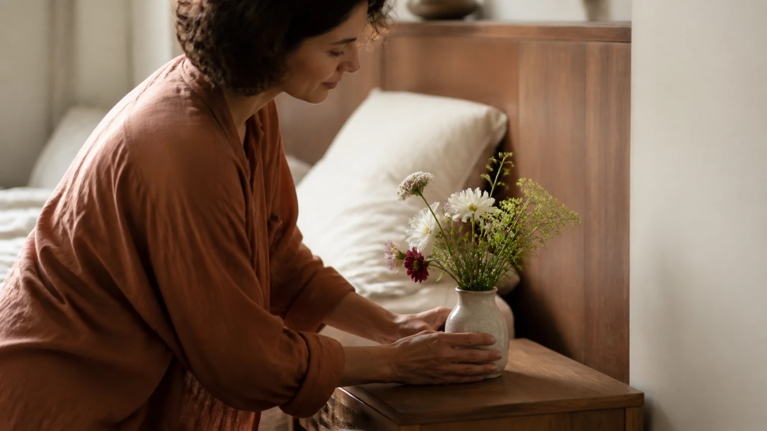 Adult placing a small vase of garden flowers on an unmarked bedside table