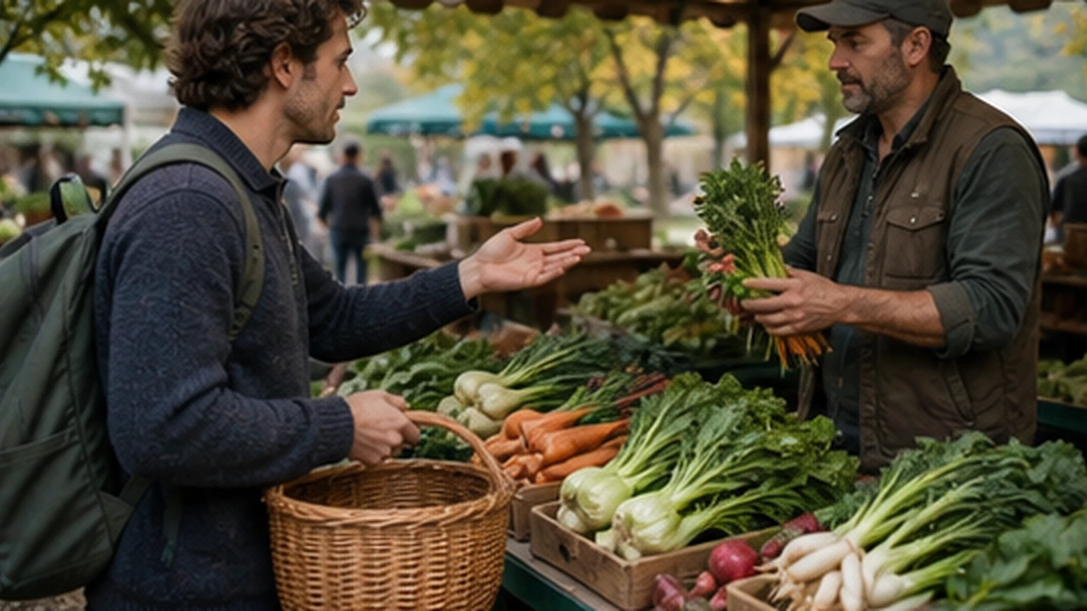 Traveler speaking with a market gardener beside unlabeled fresh produce