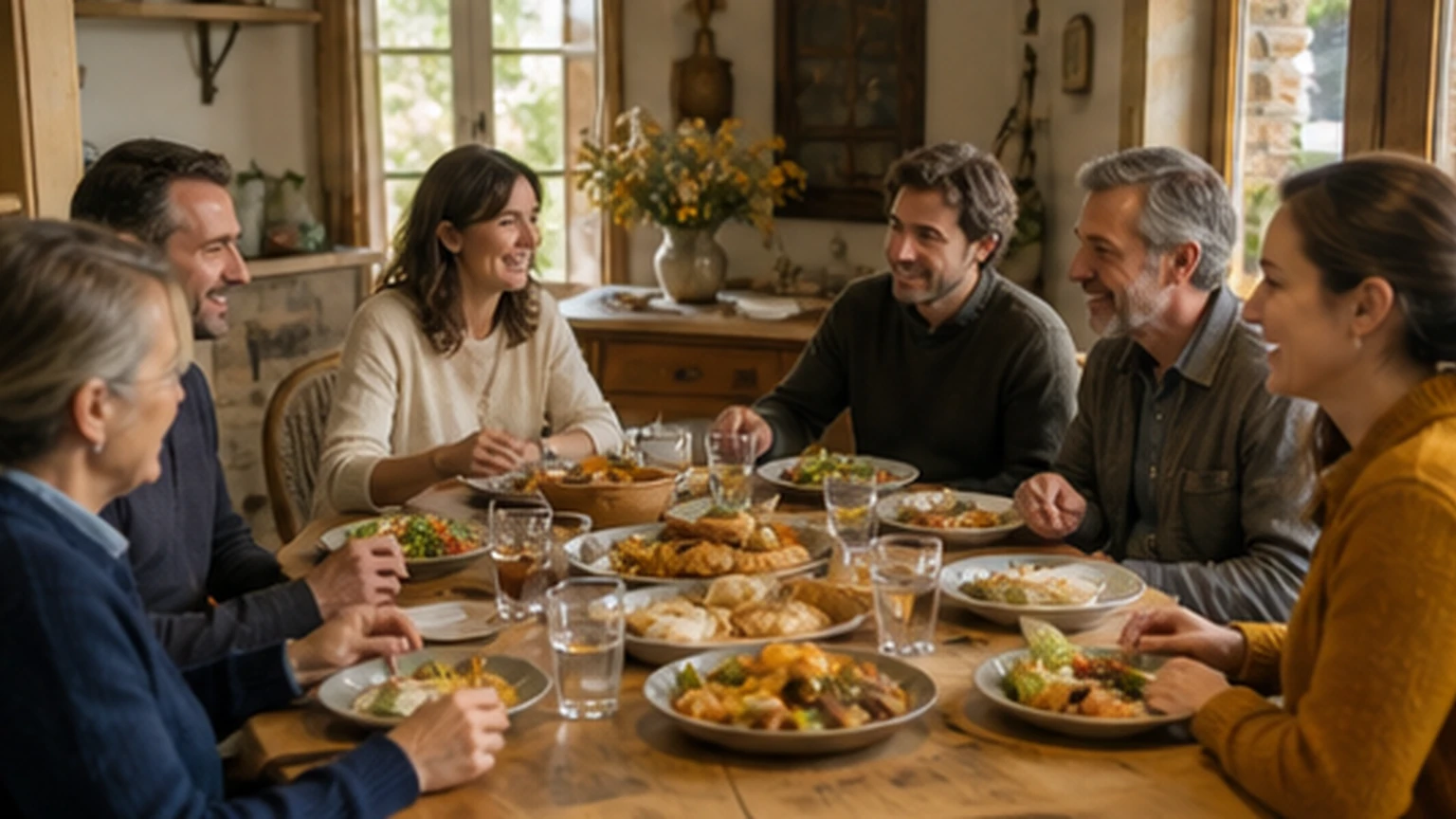 Small group sharing a homemade regional meal in a rustic dining room