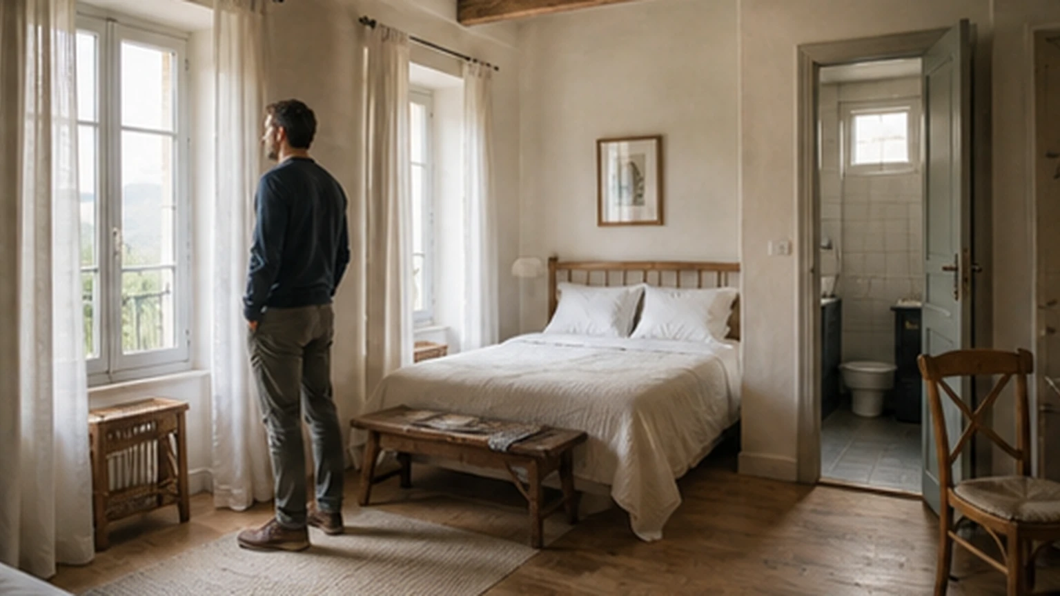Adult guest examining natural light and circulation in a simple guest room