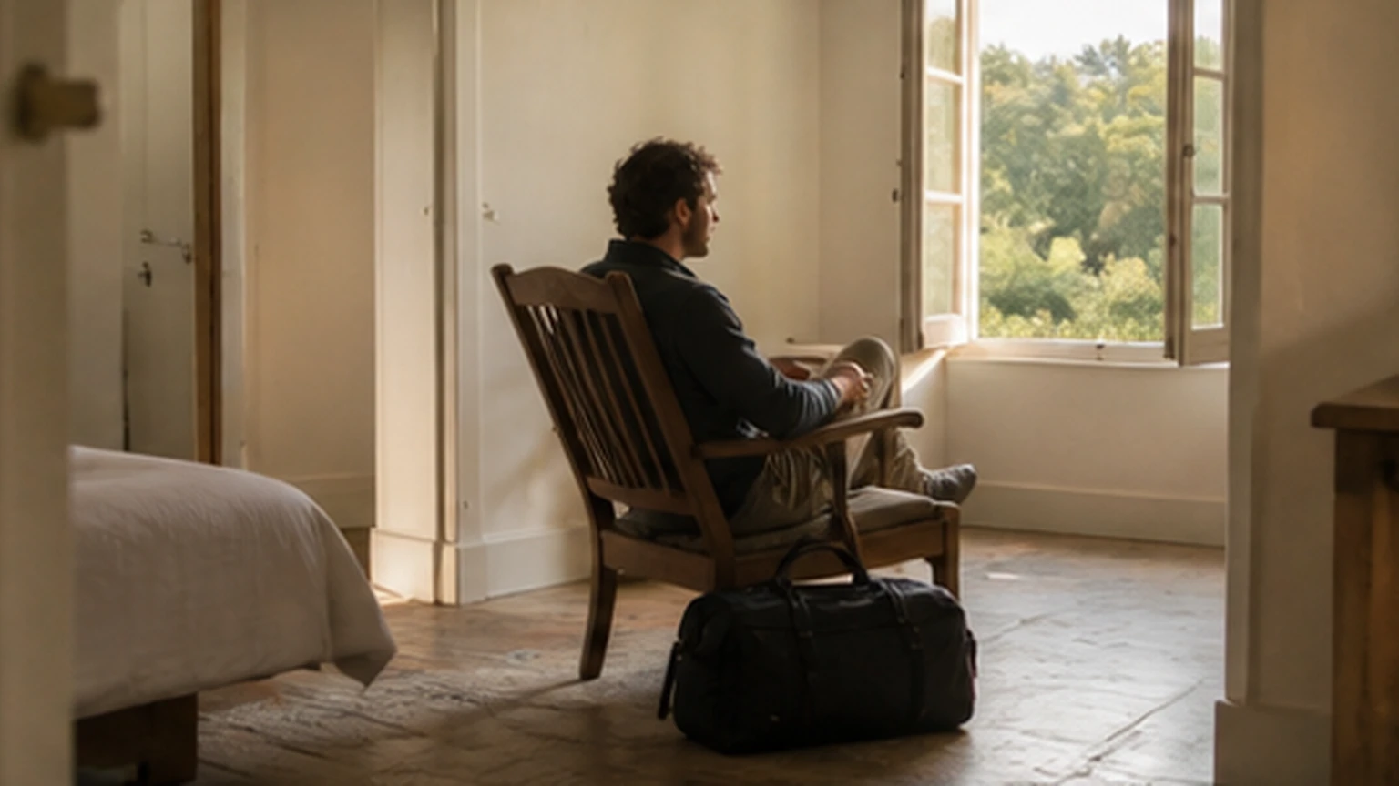 Traveler testing an armchair beside an uncluttered guest room window