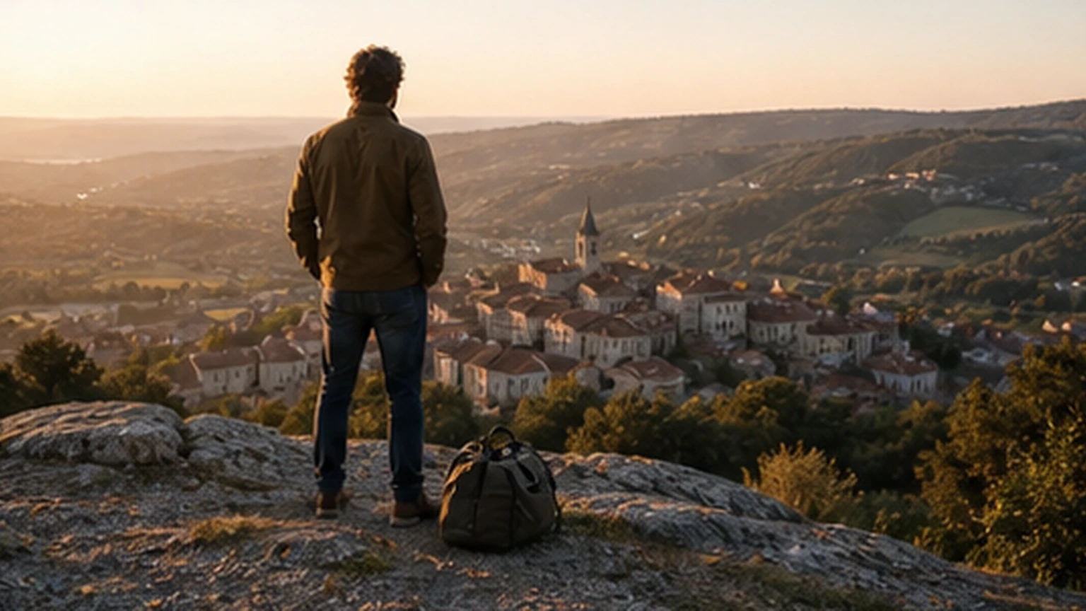 Solo traveler pausing at a scenic overlook above a small town
