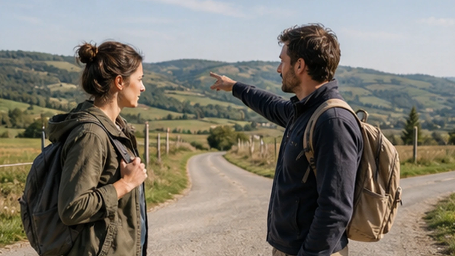 Two travelers discussing their next walking direction at a scenic unmarked crossroads