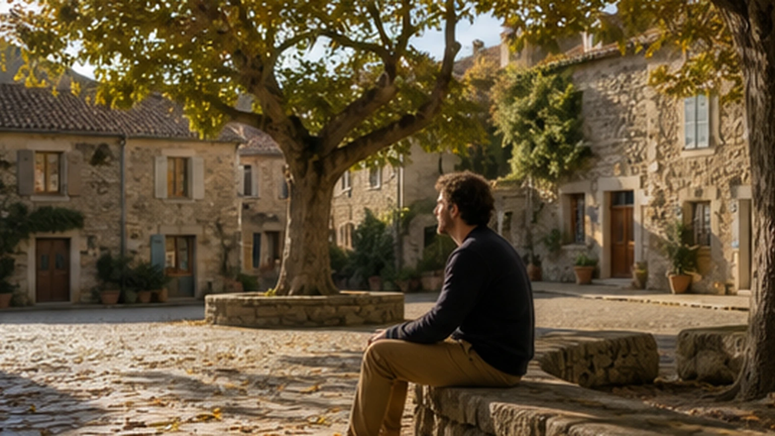 Adult resting on a stone bench in a peaceful village square