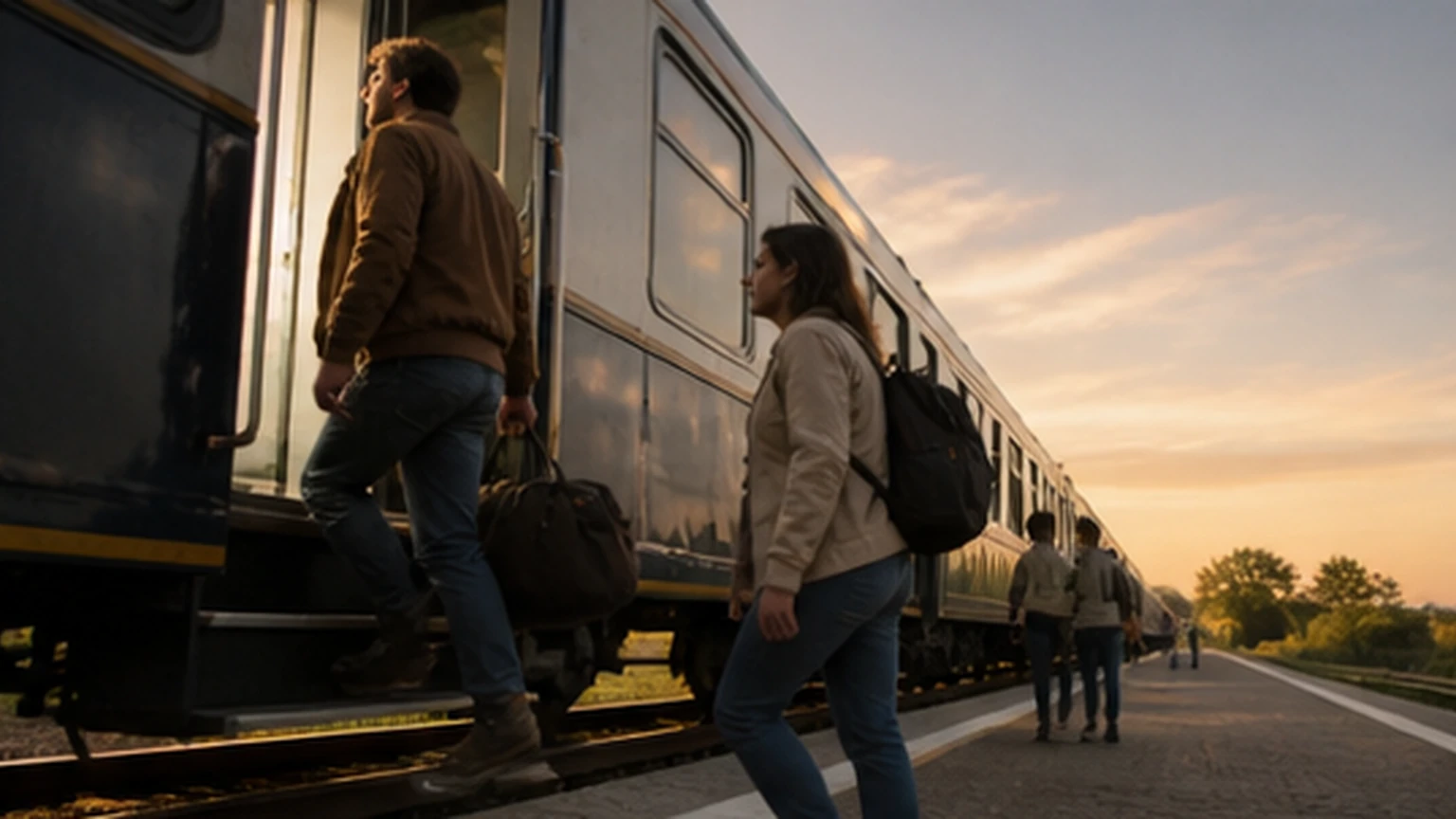 Travelers boarding a small regional train seen from platform with no signs visible