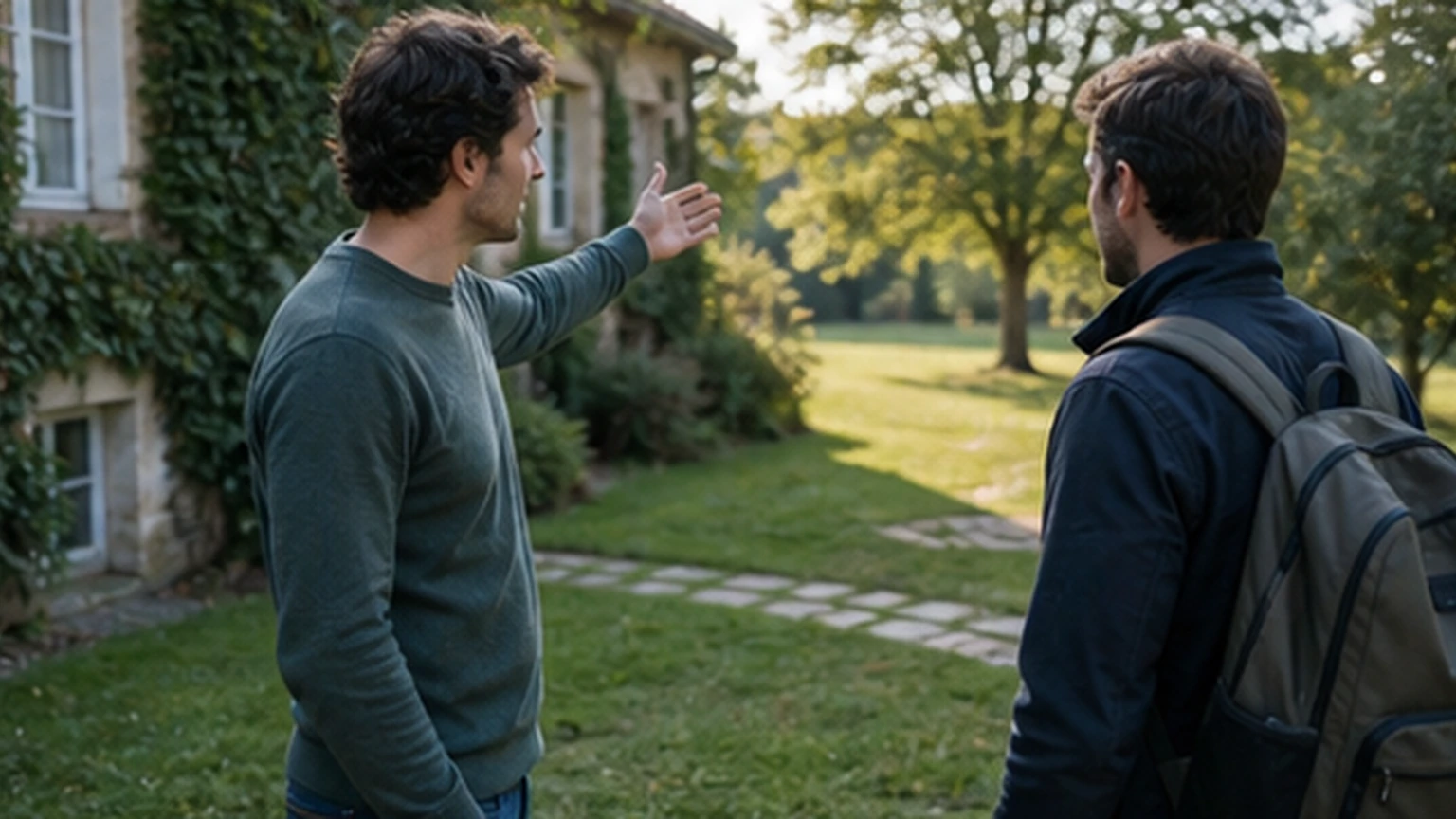 Host pointing out a nearby trail direction from a guesthouse garden without maps