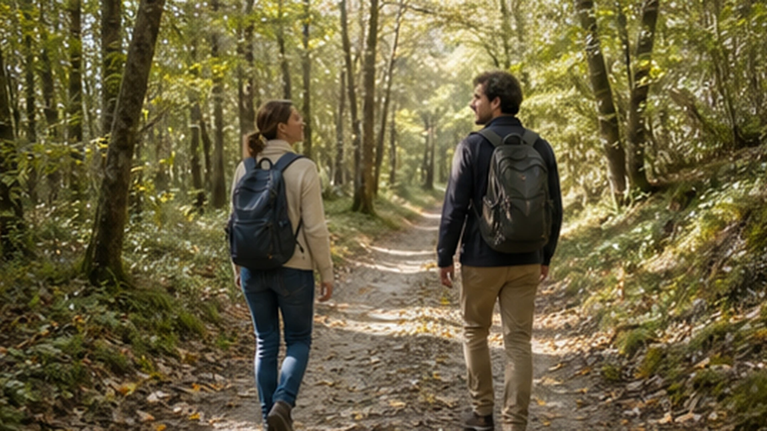 Two adults starting a gentle woodland walk with plain daypacks