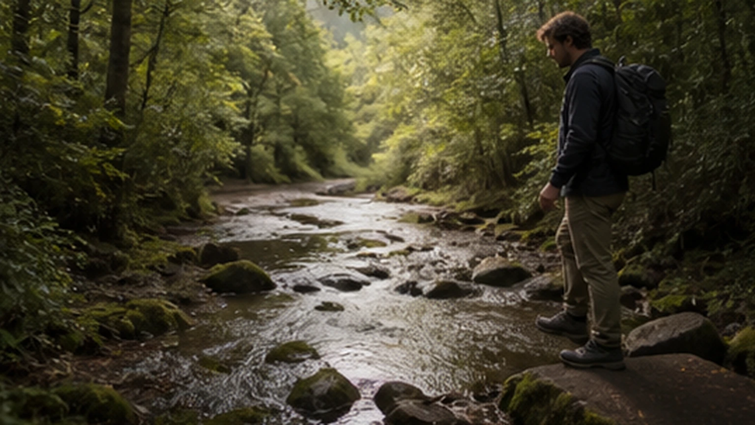 Walker pausing beside a stream on a marked-free forest path