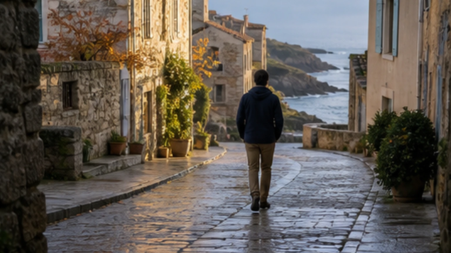 Traveler walking through a quiet coastal village in soft autumn light