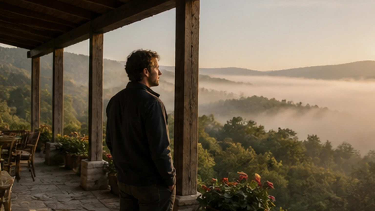 Adult checking the sky from a guesthouse porch before a walk