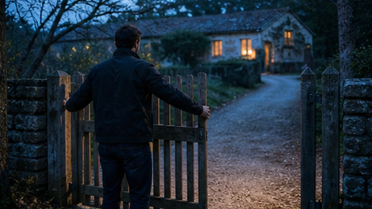 Guest quietly closing a wooden garden gate at dusk