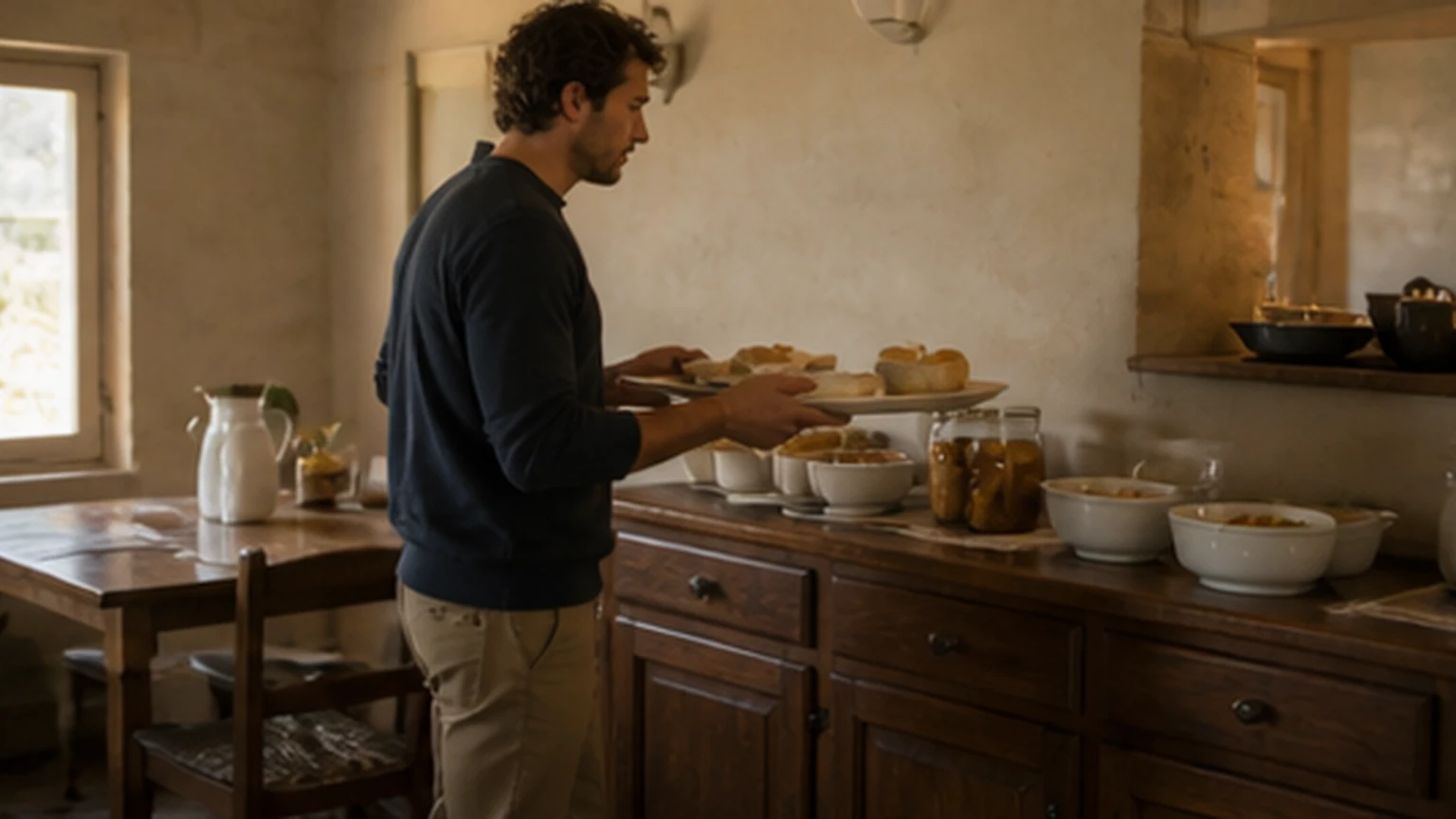 Adult guest carrying breakfast dishes carefully to a rustic sideboard